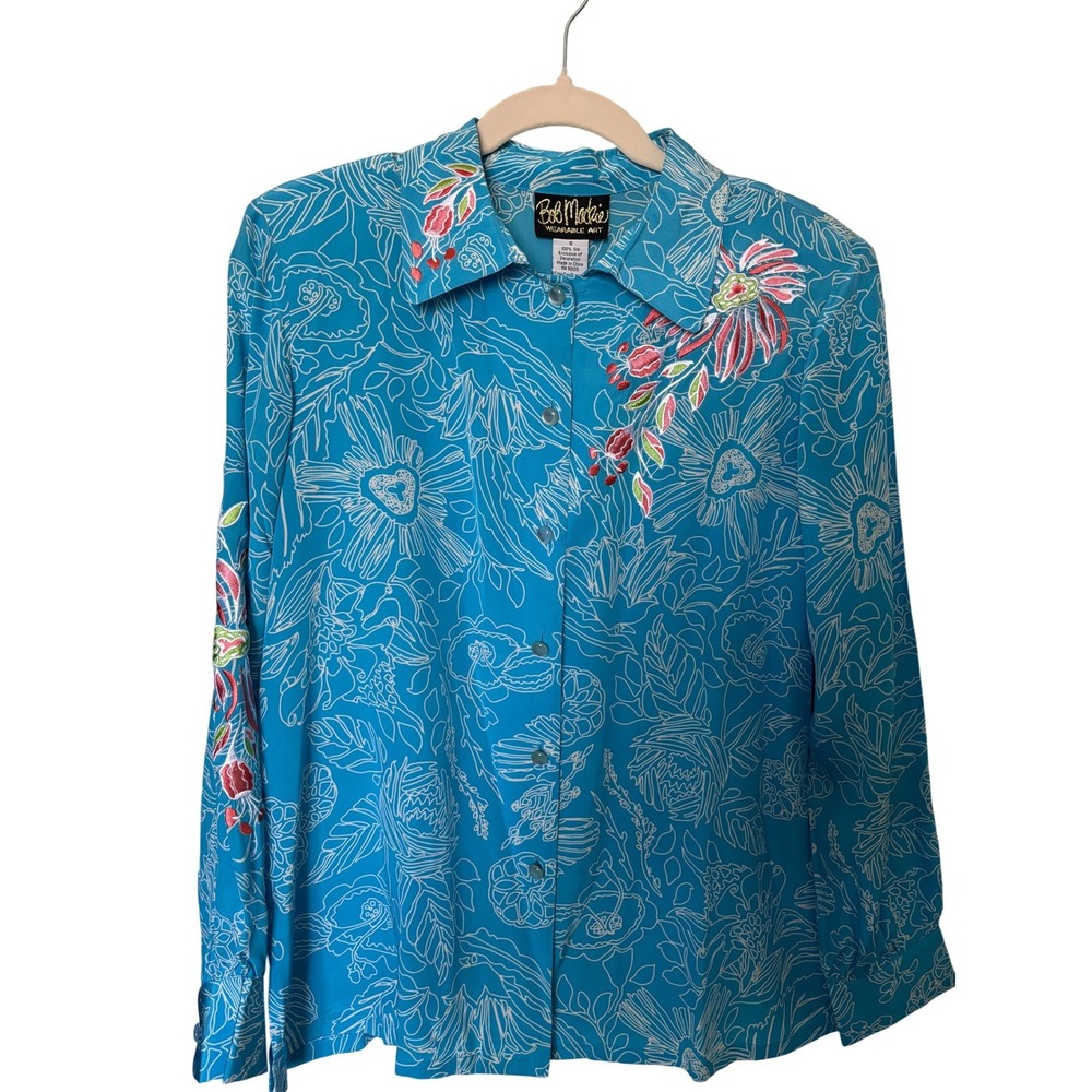 Bob Mackie Wearable Art Silk Blouse Womens Small Blue Floral Embroidered NWT